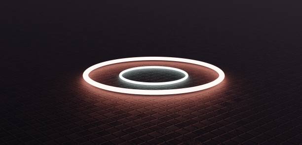 istock Light circle, light ring, floor and laser bar, neon lights, 3D illustration 2182659540