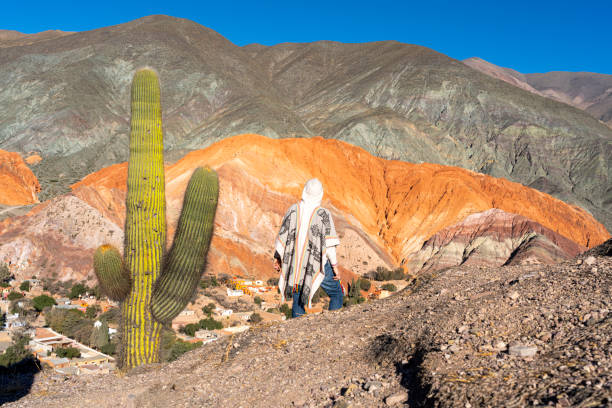 Local tourist standing next to a big cactus while watching the view of red mountains in the desert landscape, Quebrada de Humauaca, Purmamarca, UNESCO, Jujuy province, Argentina
