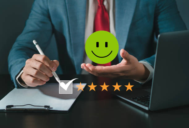 istock Service concept satisfaction survey emoji smiley emoticon satisfaction meter survey feedback rate quality business reputation ranking 5 star rating 2182662766