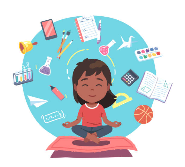 School girl meditating with supplies floating around. Schoolgirl student child person sitting in lotus pose relaxing surrounded by book, pen. Education stress relief concept flat vector illustration School girl meditating with supplies floating around. Schoolgirl student child person sitting in lotus pose relaxing surrounded by book, pen. Education stress relief concept. Flat style vector illustration isolated on white background. girl levitating stock illustrations