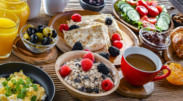 istock Breakfast served with coffee, eggs, cereals nd croissants 2182667757
