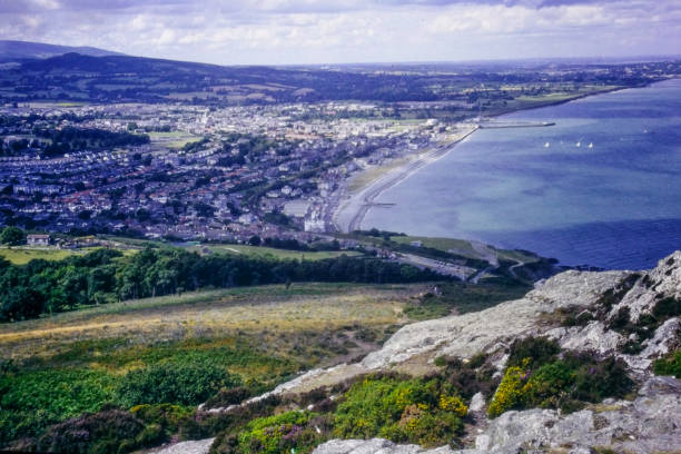 A view of Bray Town from Bray Head in County Wicklow, Ireland. Featuring the popular beach, harbour and surrounding mountains
