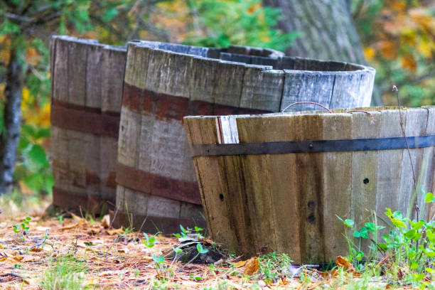 Barrels of bourbon maturing slowing in cool rickhouse