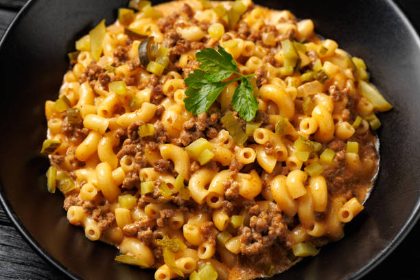istock Cheeseburger Pasta with beef, melted cheese, gherkins and pasta 2182692520