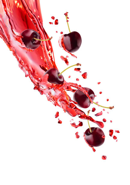 istock Red cherry with pieces, drops, splashes, flow of cherry juice flying on white background, isolated. Summer fruits, beverage for advertising, label product, branding, flyer, card, poster. 2182700683