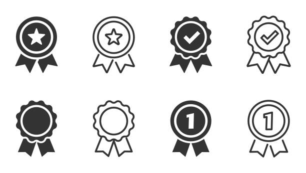 illustrazioni stock, clip art, cartoni animati e icone di tendenza di set di icone di medaglie approvate o certificate. simbolo di controllo dell'approvazione. vincere un premio, un premio, una medaglia. distintivo di risultato. verifica del profilo. marchio di qualità. segno di spunta vettoriale. compito svolto. progetto c - lusso immagine