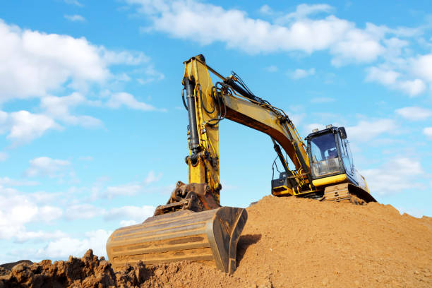 istock Excavator on earthmoving. Open-pit mining. Backhoe dig sand, ground in quarry. 2182706349