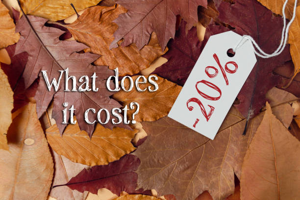istock Pile of leaves with a tag that says 20 off 2182708155