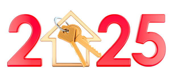 2025 Real Estate, concept with Keys and House Shaped Keychain. 3D rendering
