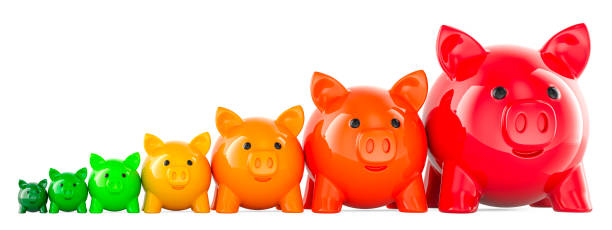 istock Energy efficiency chart from piggy banks. Saving energy consumption, concept. 3D rendering 2182710764