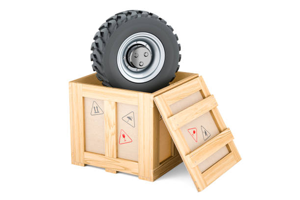 Truck Wheel inside wooden box, delivery concept. 3D rendering isolated on white background