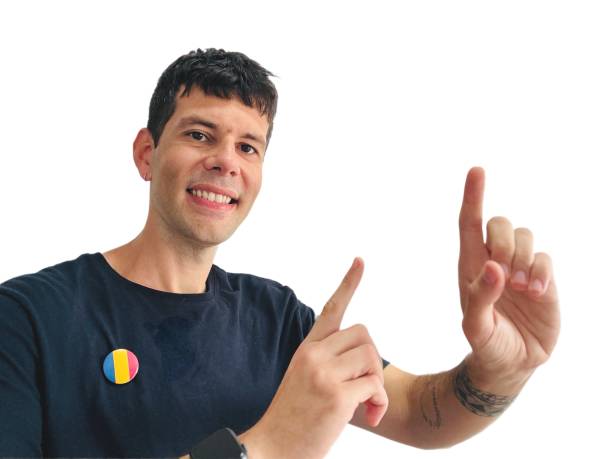 istock Adult student of a Romanian as a foreign language course happy indicating something with his hand. 2182720477