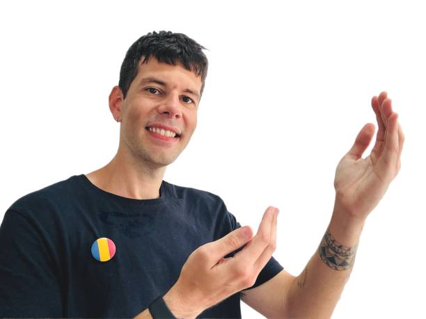 istock Adult student of a Romanian as a foreign language course happy indicating something with his hand. 2182720522