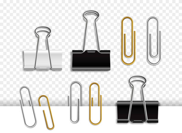 Vector illustration of office supplies, featuring binder clips and paper clips in black, silver, and gold colors. Realistic design with a transparent background Vector illustration of office supplies, featuring binder clips, paper clips in black, silver, gold colors. Realistic design with transparent background, for office, organization, stationery themes clip office supply stock illustrations