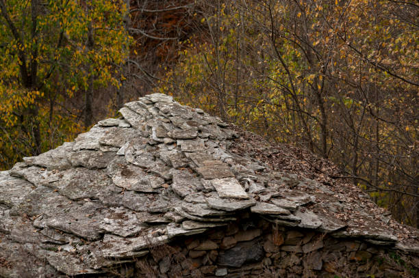 Stone house in the area of Patones de Arriba (Guadalajara-Spain) on a rainy day. The area is typical for its stone and black slate constructions.