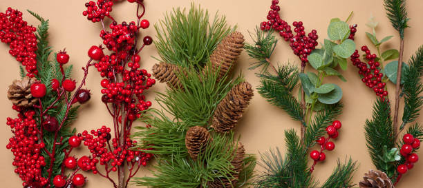 istock Decorative Christmas branch with red berries and pine cones on a brown background, top view 2182723654
