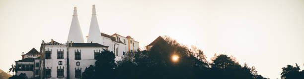 Sunlit historic palace with distinctive twin conical chimneys, surrounded by trees, against a pale sky. The architectural details of windows and rooflines are softly illuminated