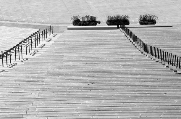 The abstract view down at wooden seats and stairs to watch Summertime performances in Kaunas city (Lithuania).