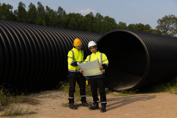 istock Two young civil engineers are confidently exploring a construction site, actively drilling roads to establish a drainage channel on sunny days. Their expertise ensures efficient progress and effective outcomes in the project. 2182731618