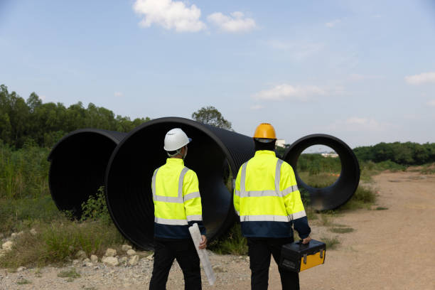 istock Two young civil engineers are confidently exploring a construction site, actively drilling roads to establish a drainage channel on sunny days. Their expertise ensures efficient progress and effective outcomes in the project. 2182731625