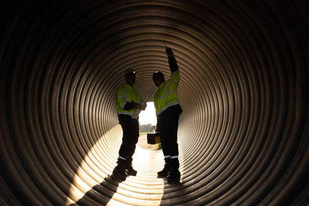 istock Two male structural experts inspect large drainage pipes while carrying a toolbox and a blueprint before sending it to pre-construction for the next process. 2182731638