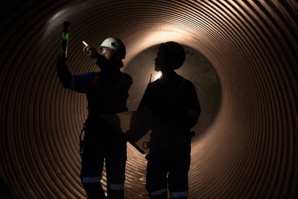 istock young two male construction specialists were collaborating in a large sewer to evaluate the quality of the piping. Light at the end of the destination. 2182731668