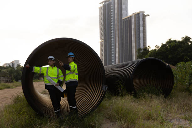 istock Two male structural experts inspect large drainage pipes while carrying a toolbox and a blueprint before sending it to pre-construction for the next process. 2182731686