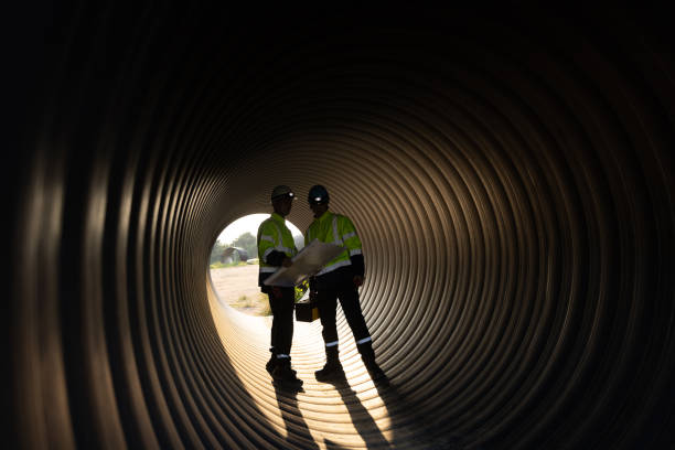 Two male structural experts inspect large drainage pipes while carrying a toolbox and a blueprint before sending it to pre-construction for the next process.