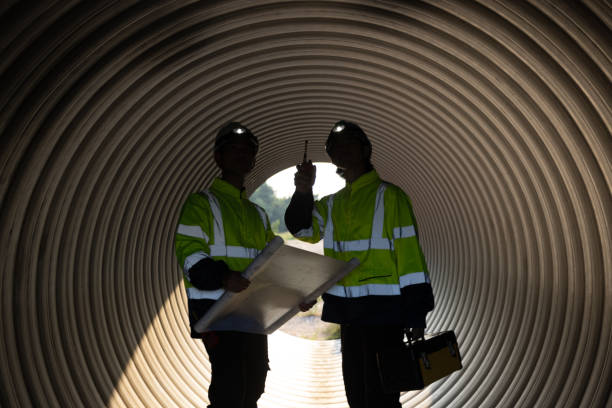 istock Two male structural experts inspect large drainage pipes while carrying a toolbox and a blueprint before sending it to pre-construction for the next process. 2182731763