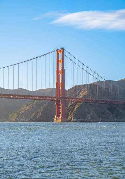Look at one of the towers of the Golden Gate bridge with Marin county in the background