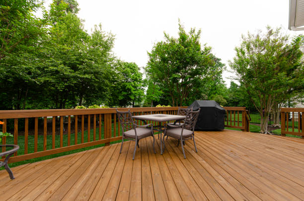 istock Outdoor Wooden Deck With Dining Set Under Open Sky 2182740123