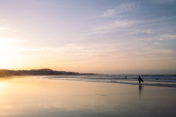 istock wavy ocean and Beach against mountains at sundown 2182743500
