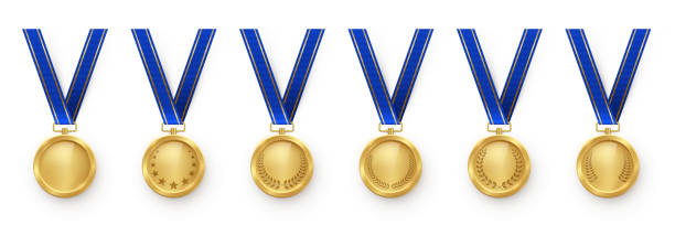 istock Gold medal with blue ribbon first place vector illustration set. Realistic golden different isolated medals with blue ribbon for winners and champions ceremony 2182744893