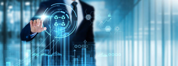 Blockchain Technology: Businessman touch blockchain technology analyzing graph transparency, security, decentralization, smart contracts, efficiency, data integrity, peer-to-peer transactions, trust. tecnología blockchain: businessman toca la tecnología blockchain analizando la transparencia de gráficos, la seguridad, la descentralización, los contratos inteligentes, la eficiencia, la integridad de los datos, las transacciones entre pares, la confi
