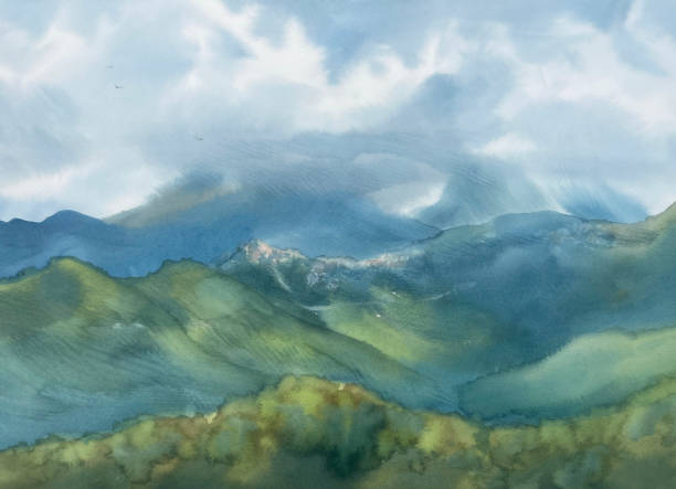 istock Mountain panorama in summer, cloudy sky watercolor background 2182758003