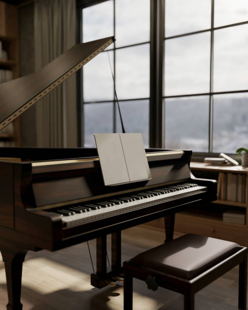 A beautiful wooden piano with an open, blank chord book on its stand, set in a living room. A beautiful, elegant wooden piano with an open, blank chord book on its stand, set in a contemporary living room. 3d render, 3d illustration expensive grand piano stock pictures, royalty-free photos & images