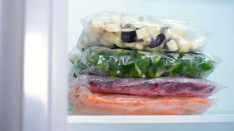 Stack of bags with chopped and frozen vegetables in refrigerator close-up.