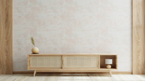 istock Mockup concrete wall background,Modern living room decor with a tv cabinet- 3D rendering 2182773325