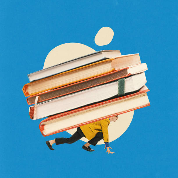 istock Contemporary art collage. man standing in low position, ready to running, with huge stack of books. Education and work. 2182776736
