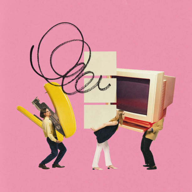 istock Contemporary art collage. Professionals with giant stapler, digital notes, and vintage PC symbolize tradition and innovation to create, adaptive business solutions. 2182776762