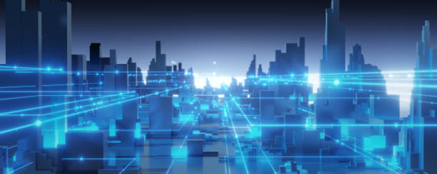 istock Futuristic Digital Cityscape with Blue Lights 2182778206