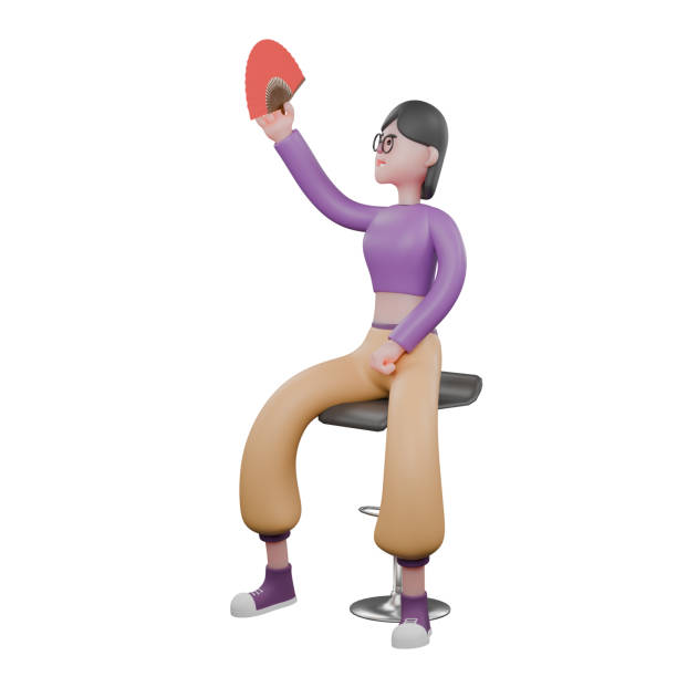 istock Colorful 3D Dance Character. a female dancer is sitting on a bar stool with her right hand holding an open fan. Cartoon Dancer 2182784261