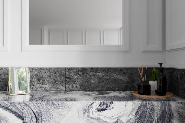 istock Modern home bathroom interior with marble counter, accessories 2182788991