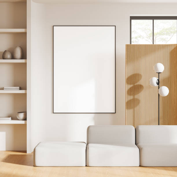 istock Stylish home living room interior with shelf and panoramic window, mockup frame 2182789118