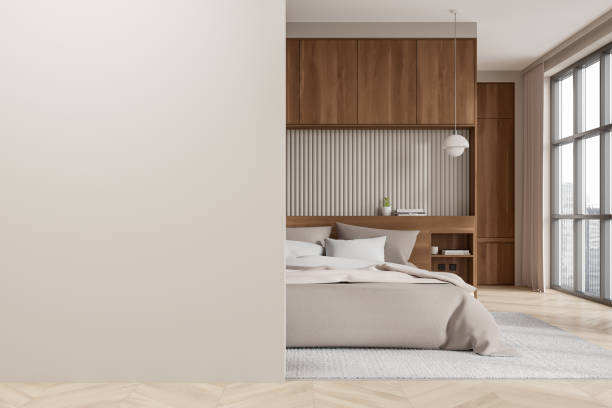 istock Minimalist bedroom with blank wall partition mockup. 3D Rendering 2182789211