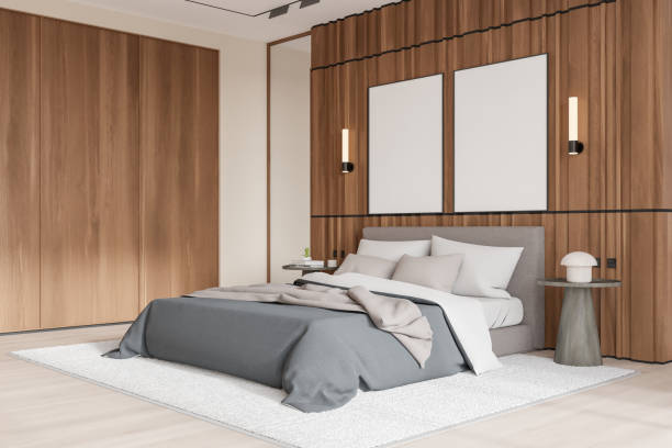 istock Wooden home bedroom interior with bed and decoration. Mockup frames 2182789387