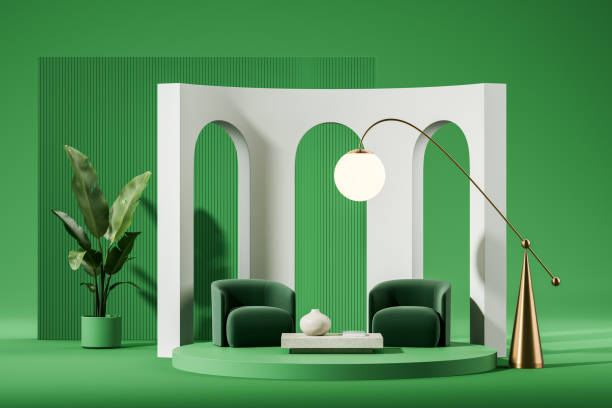 istock Colored relax room interior with two armchairs and coffee table, arch wall 2182789437