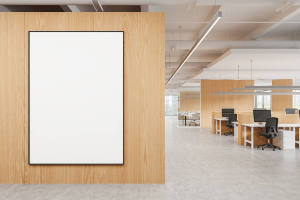 istock Wooden workplace interior with coworking zone and window. Mockup frame 2182789504