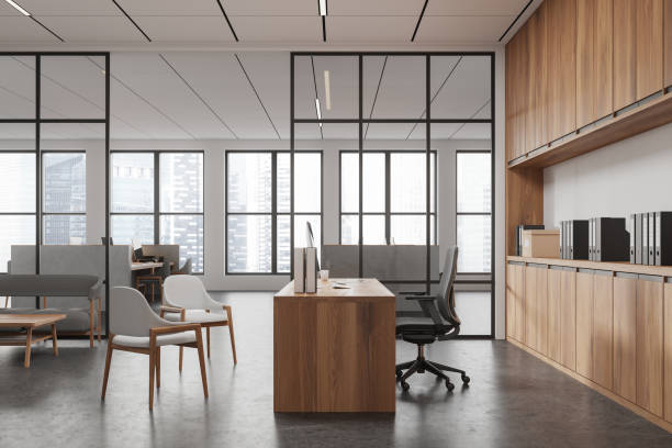 istock Modern office interior with consulting and coworking space, panoramic window 2182789751