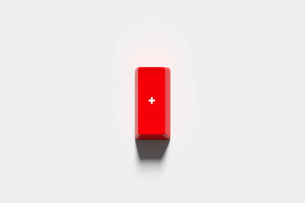 Adding or addition concepts. To add more followers or to increase customers. Red keyboard key with a plus symbol is laying on a white background. 3D render